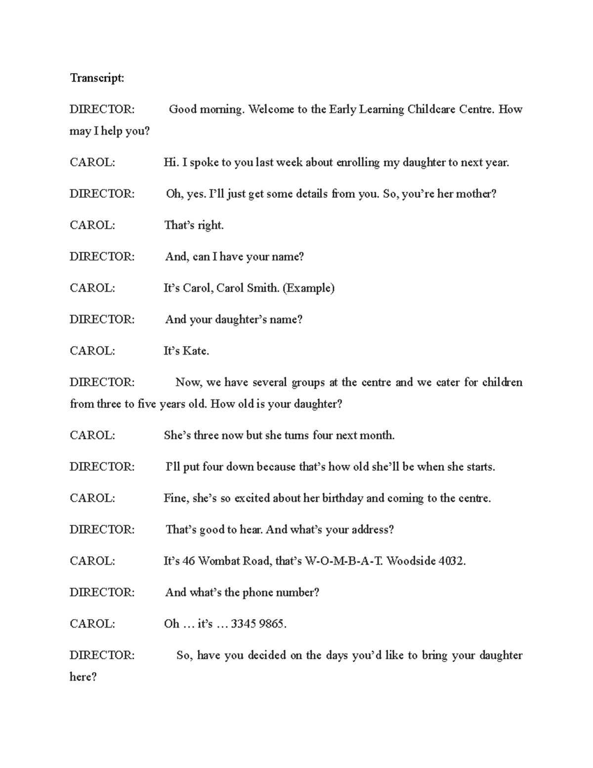 Transcript of Child Enrollment Conversation at ELC Centre - Studocu