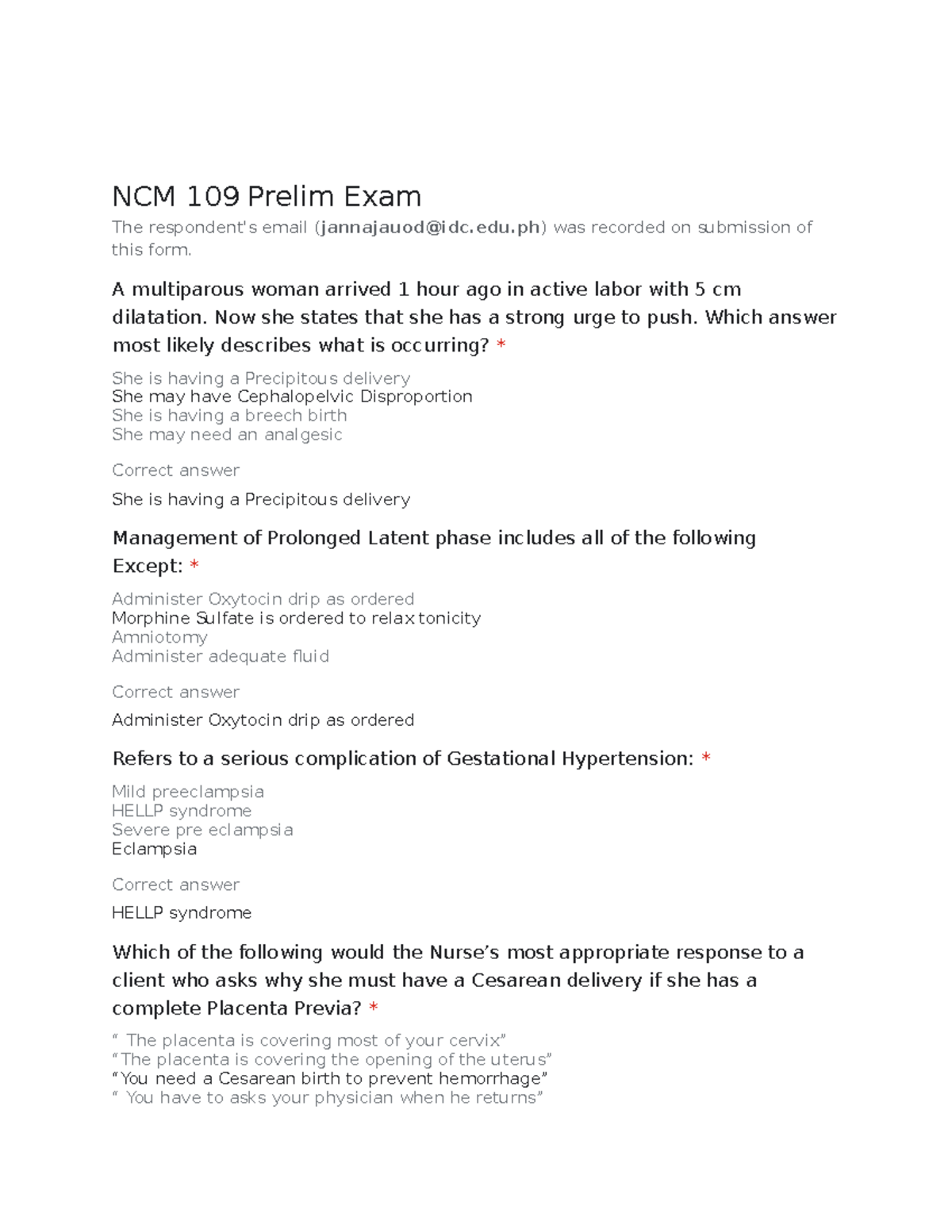 NCM 109 Prelim Exam Notes: Key Concepts & Answers - Studocu