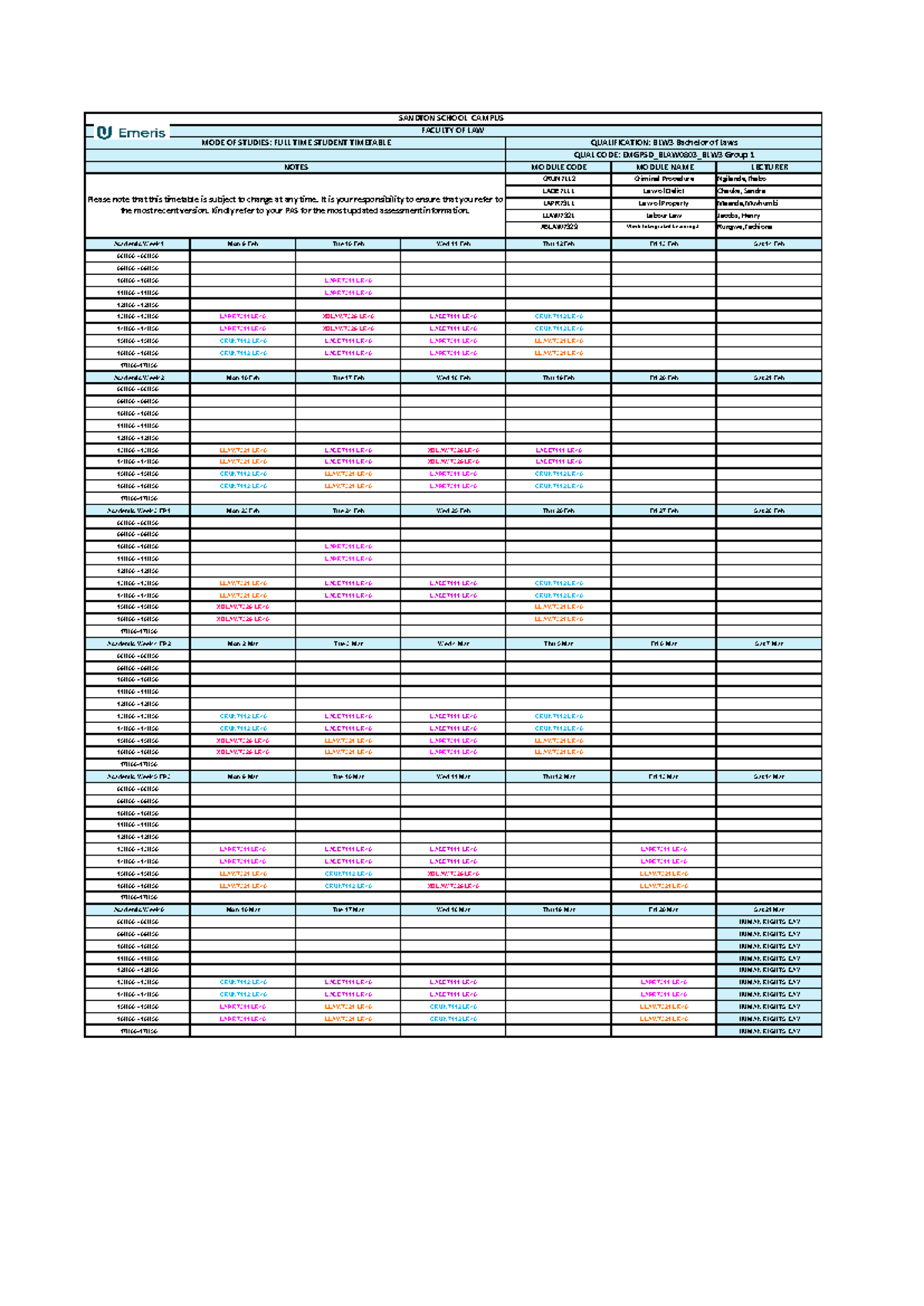 IIE EM BLW3 Group 1 - Semester 1 Faculty Timetable - Studocu