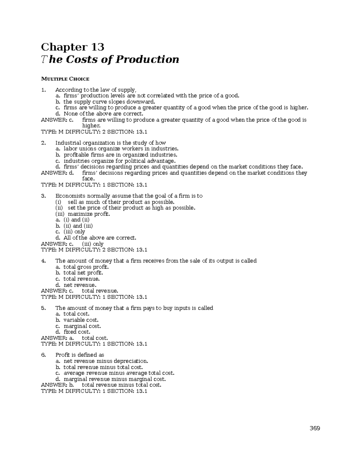 Chapter 13 - test bank - Chapter 13 The Costs of Production MULTIPLE ...