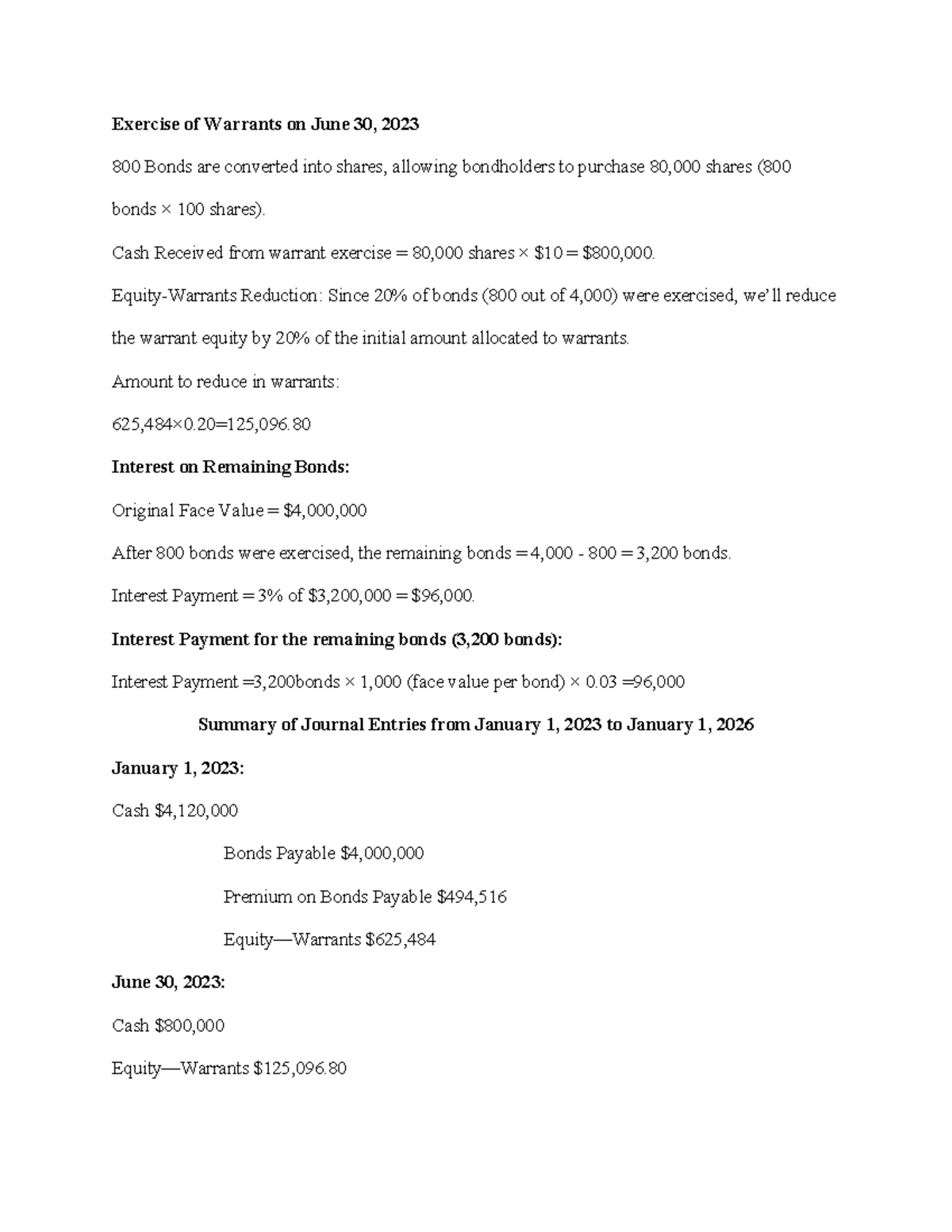 Warrant Exercise Analysis: Journal Entries and Equity Impact (FIN 2023 ...