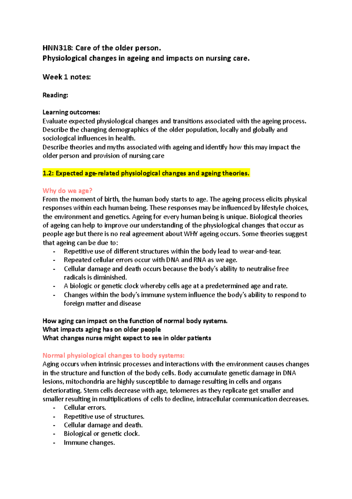 HNN318 Week 1 Lecture Notes: Physiological Changes in Aging and Nursing ...