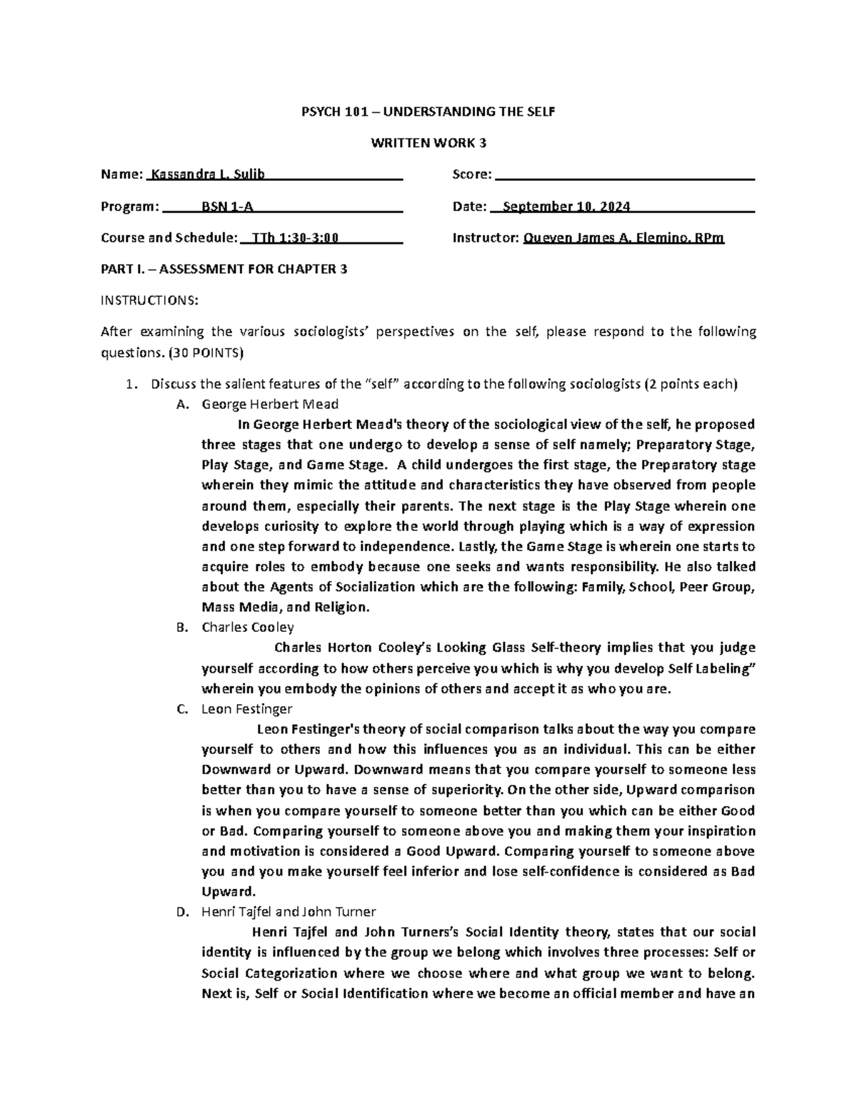 PSYCH 101 UNDERSTANDING THE SELF WRITTEN WORK 3 - Kassandra L. Sulib ...