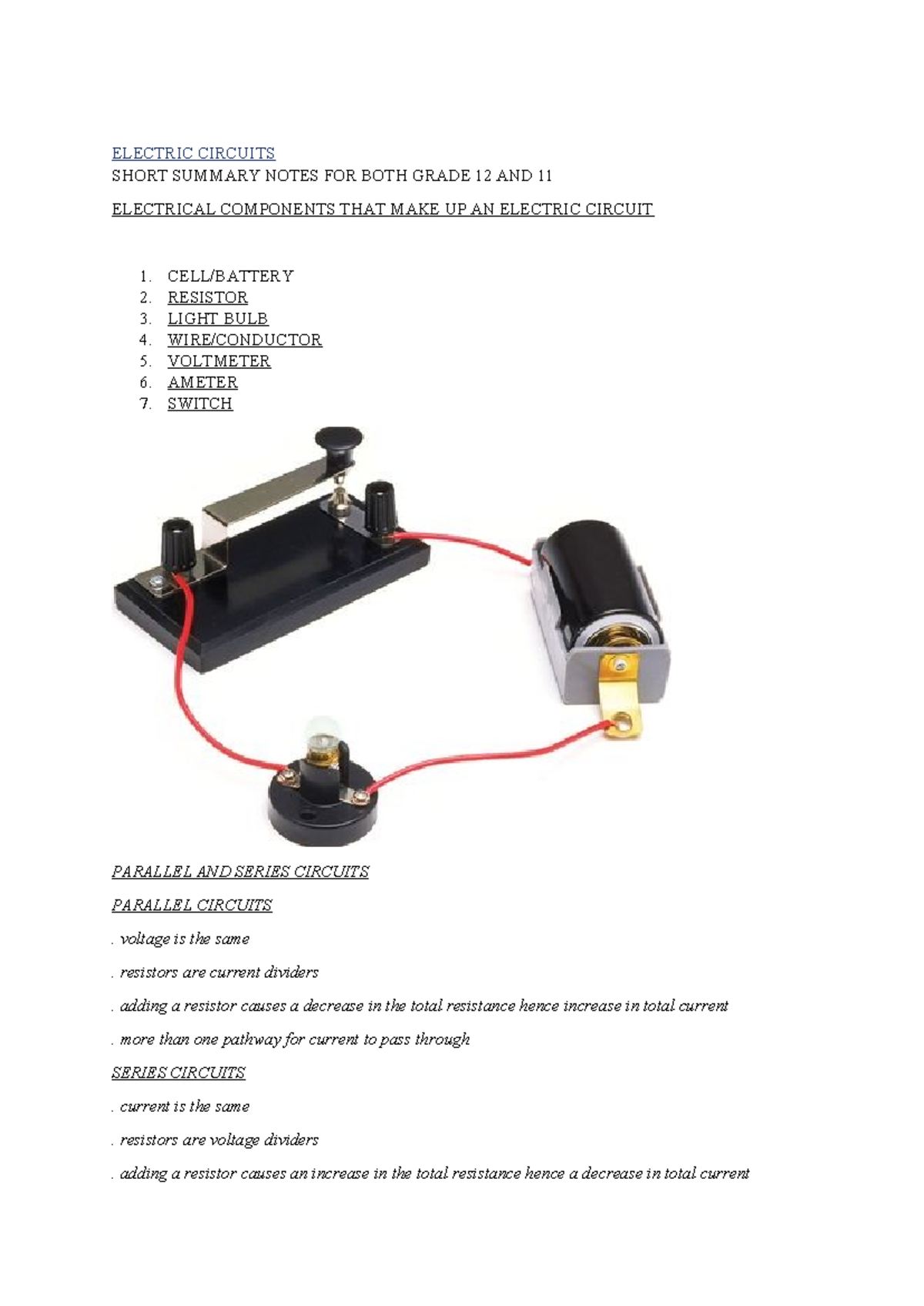 ELECTRIC CIRCUITS SUMMARY NOTES FOR GRADE 11 & 12 - Studocu