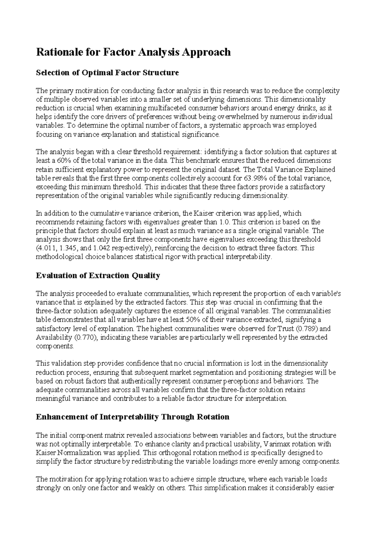 Rationale for Factor Analysis in Energy Drink Consumer Behavior (MR 101 ...