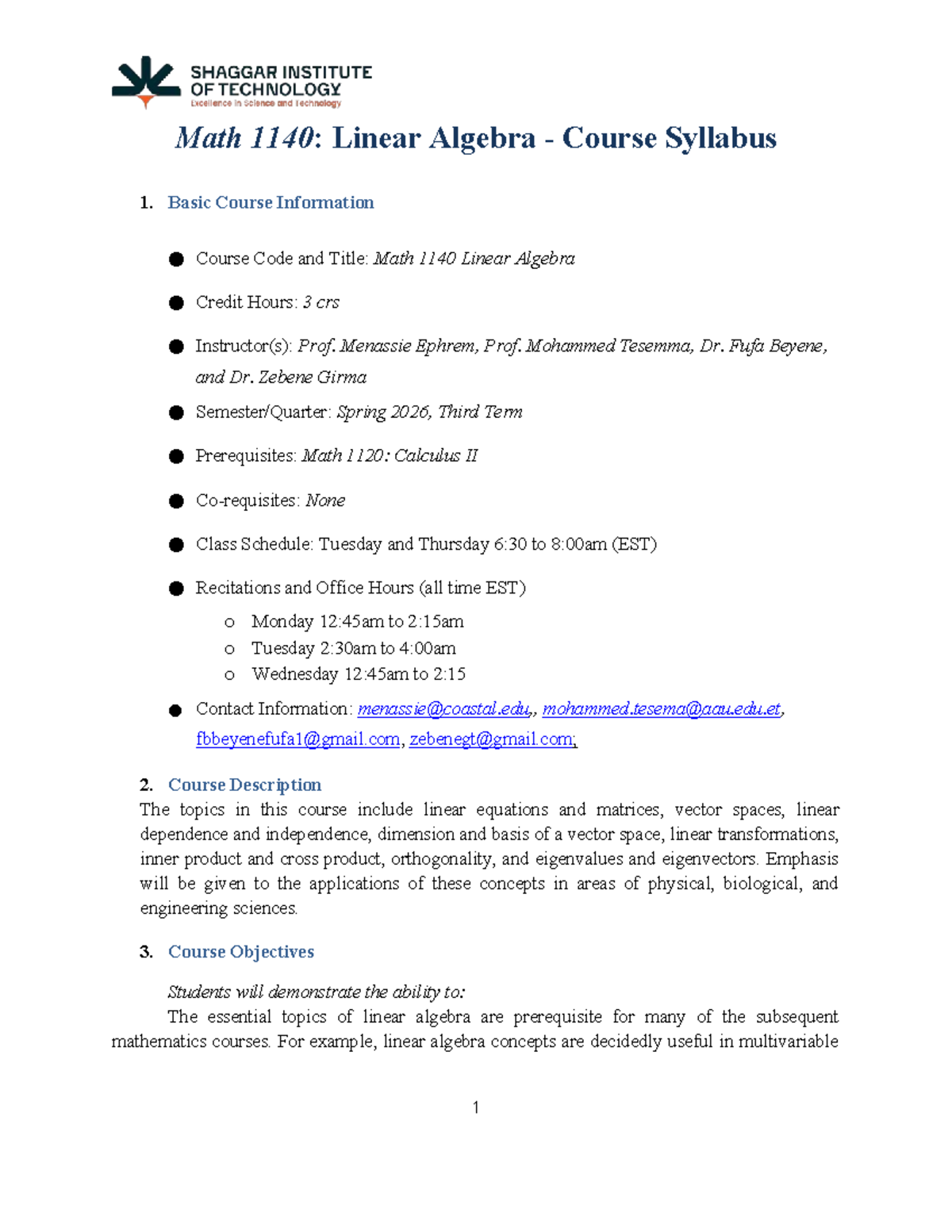 Math 1140: Linear Algebra Course Syllabus for Spring 2026 - Studocu