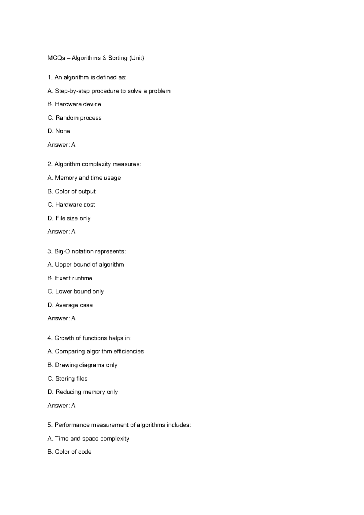 Algorithms Sorting MCQs (Unit 1) - Comprehensive Review - Studocu