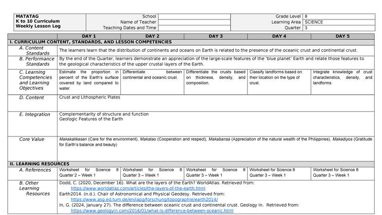 MATATAG K to 10 Curriculum: Science 8 Weekly Lesson Log (Quarter 3 ...
