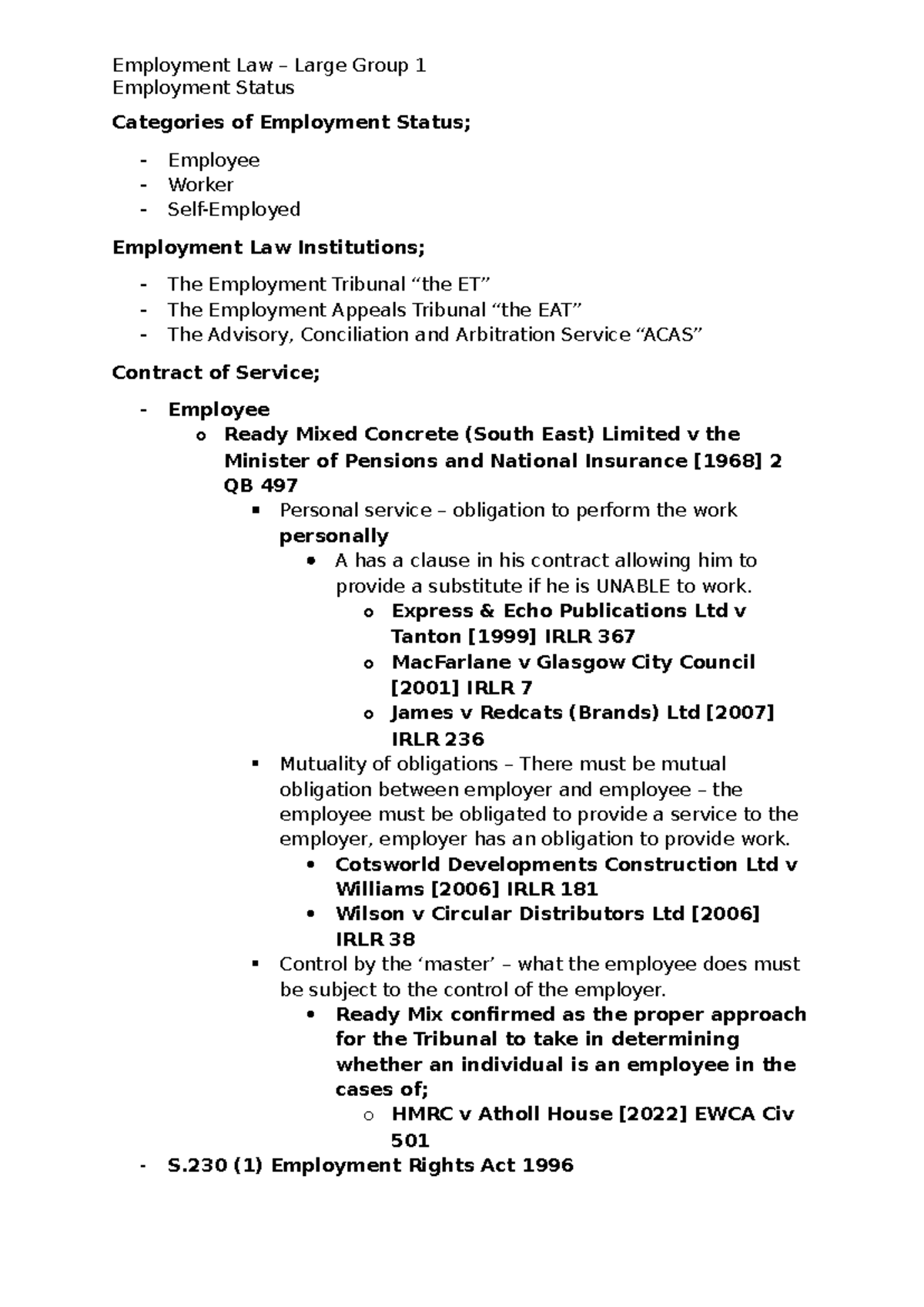 Employment Status LG 1 - Employment Law – Large Group 1 Employment ...