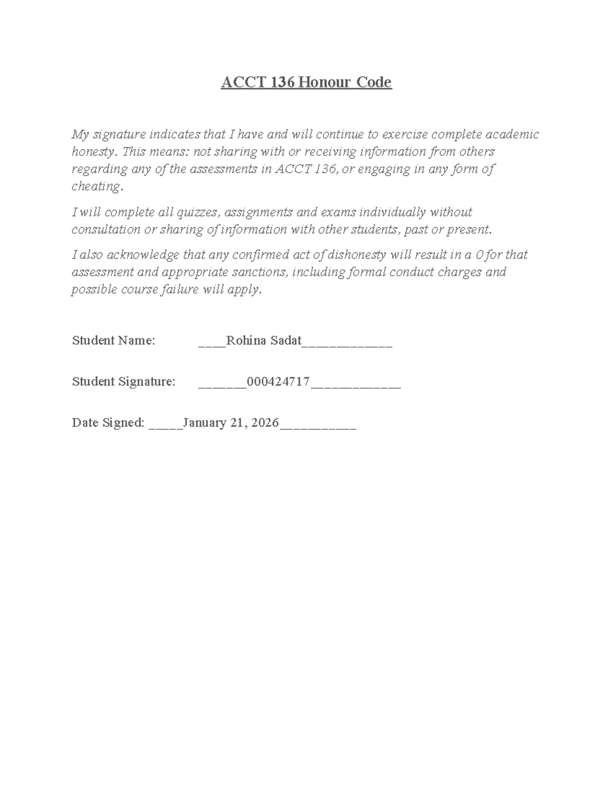 ACCT 136 Honour Code Agreement and Academic Integrity - Studocu