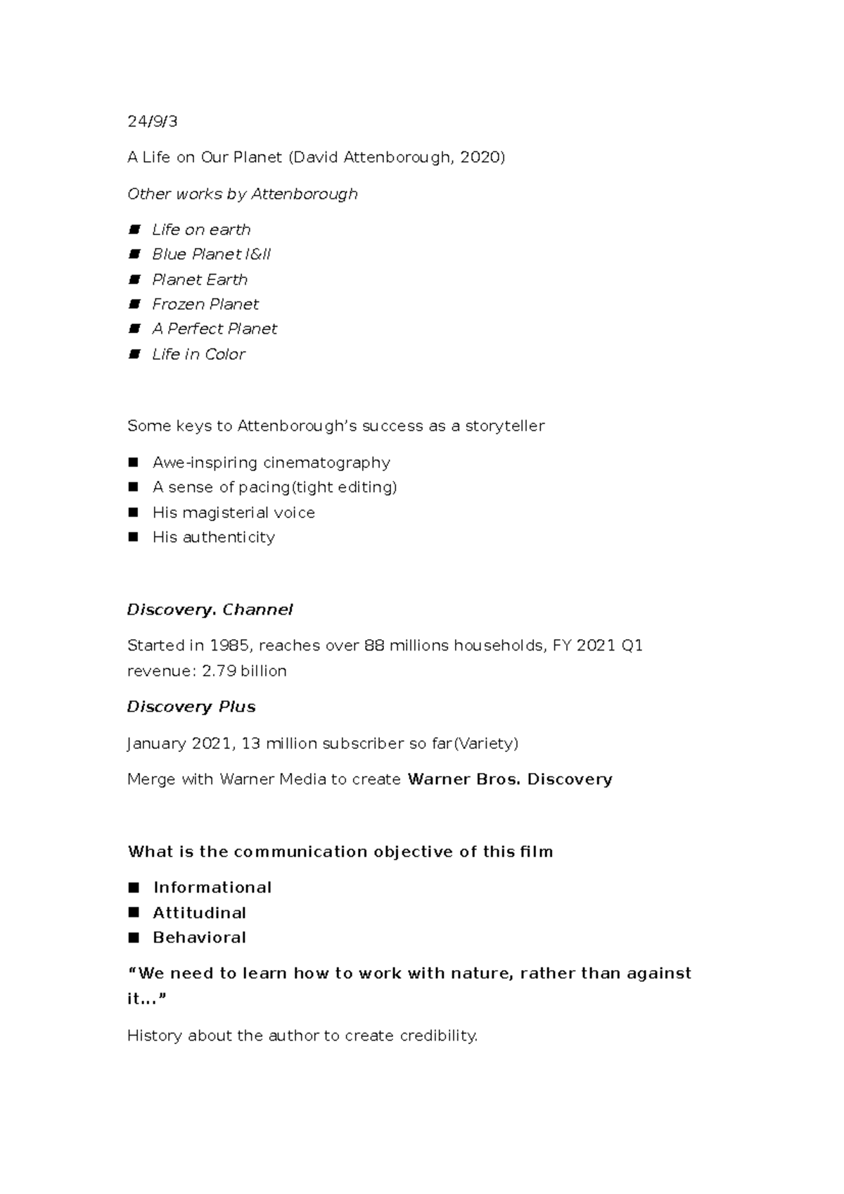 Notes - 24/9/ A Life on Our Planet (David Attenborough, 2020) Other ...