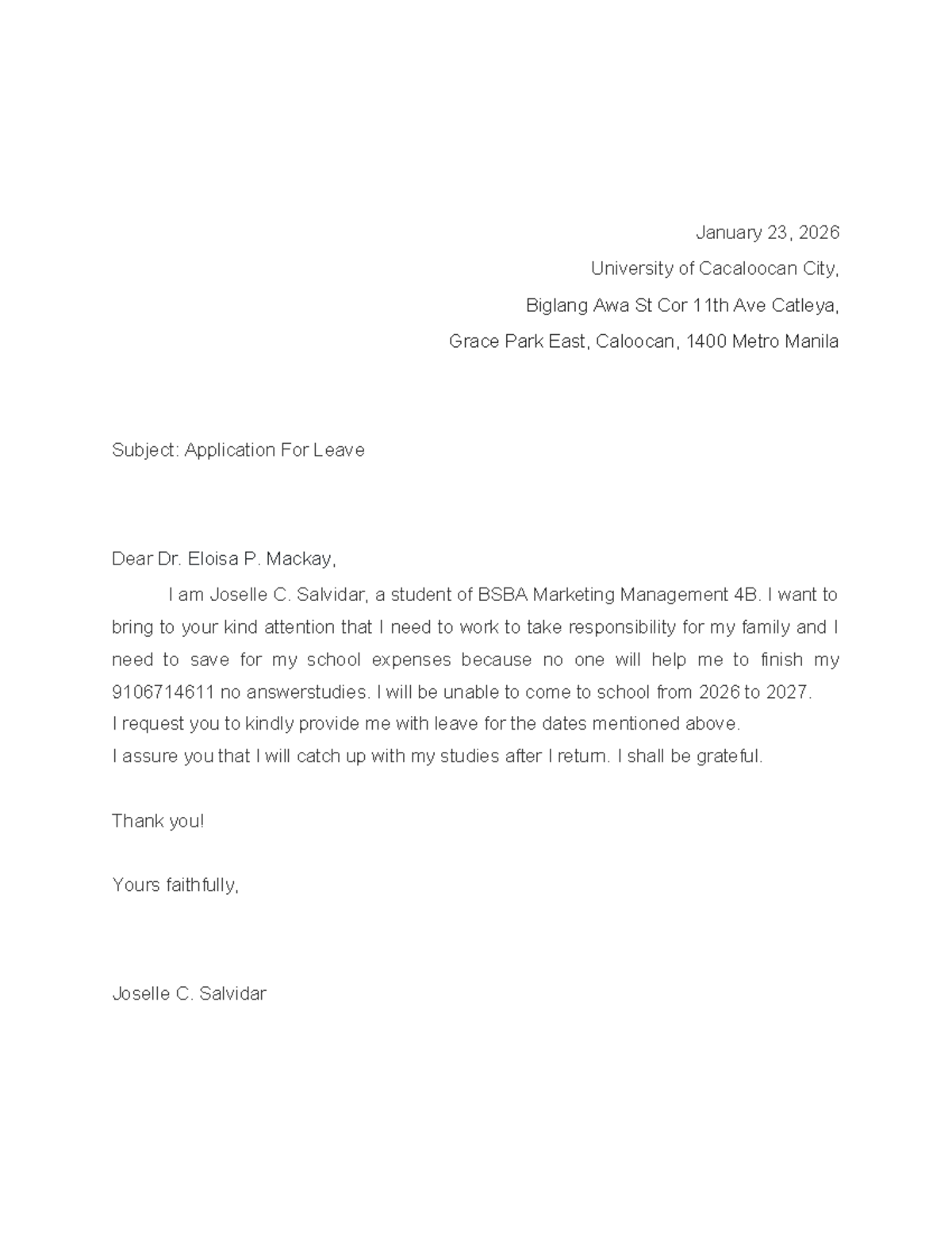 LOA Application - BSBA Marketing Management 4B - Studocu