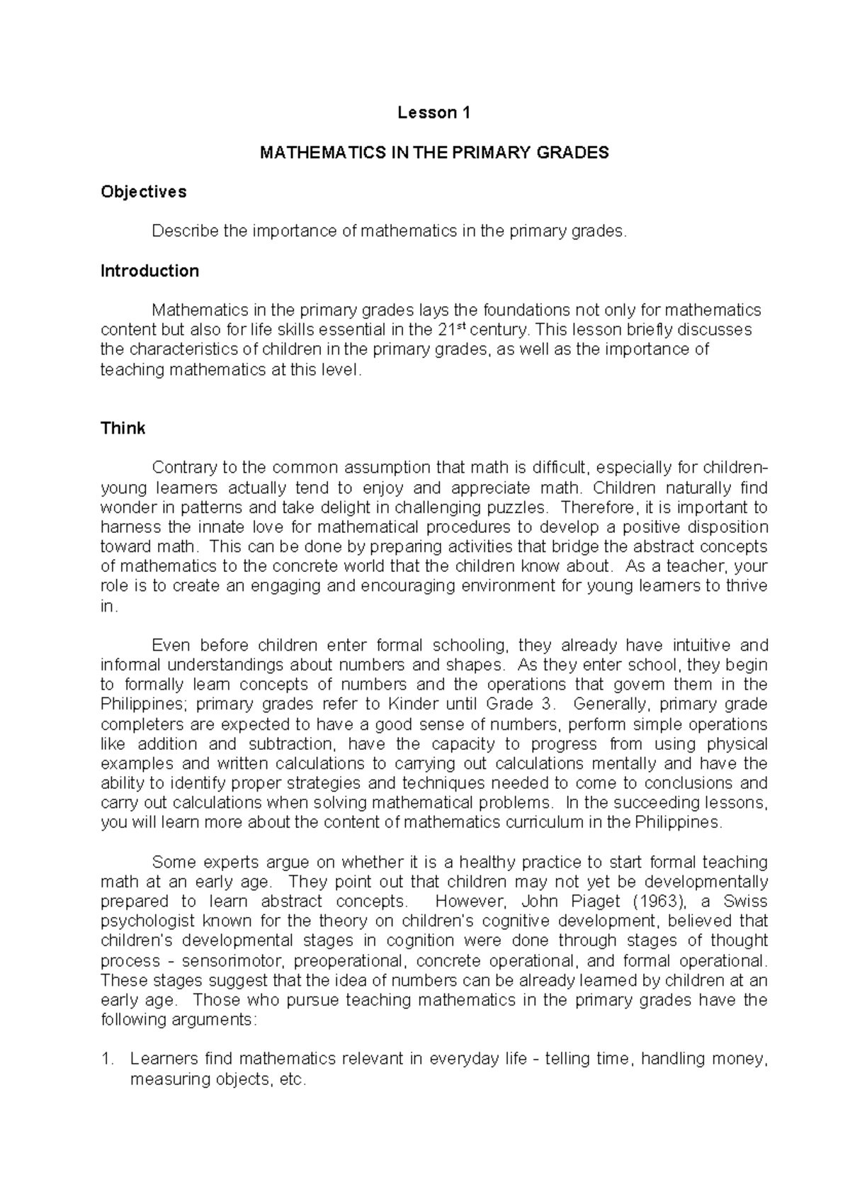 Lesson 1: Teaching Math in Primary Grades - kh;c09c679uyio - Studocu
