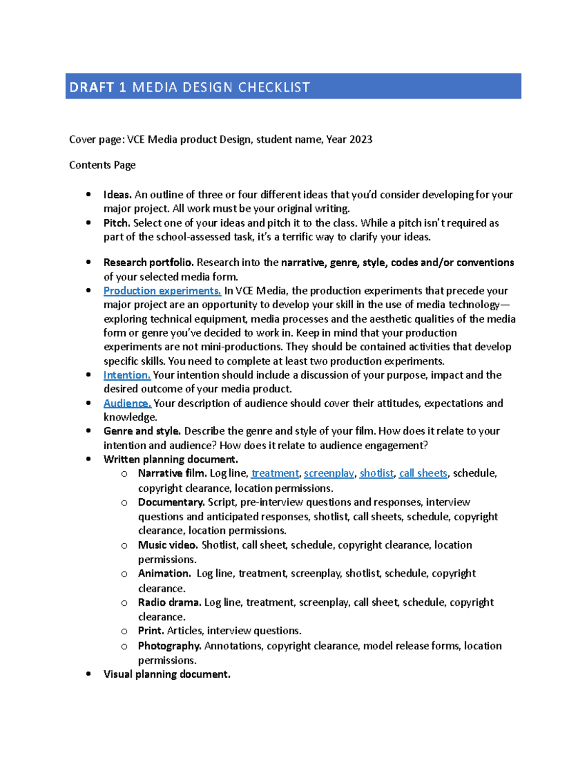 VCE Media Design Folio Draft 1 & Checklist Overview - Studocu