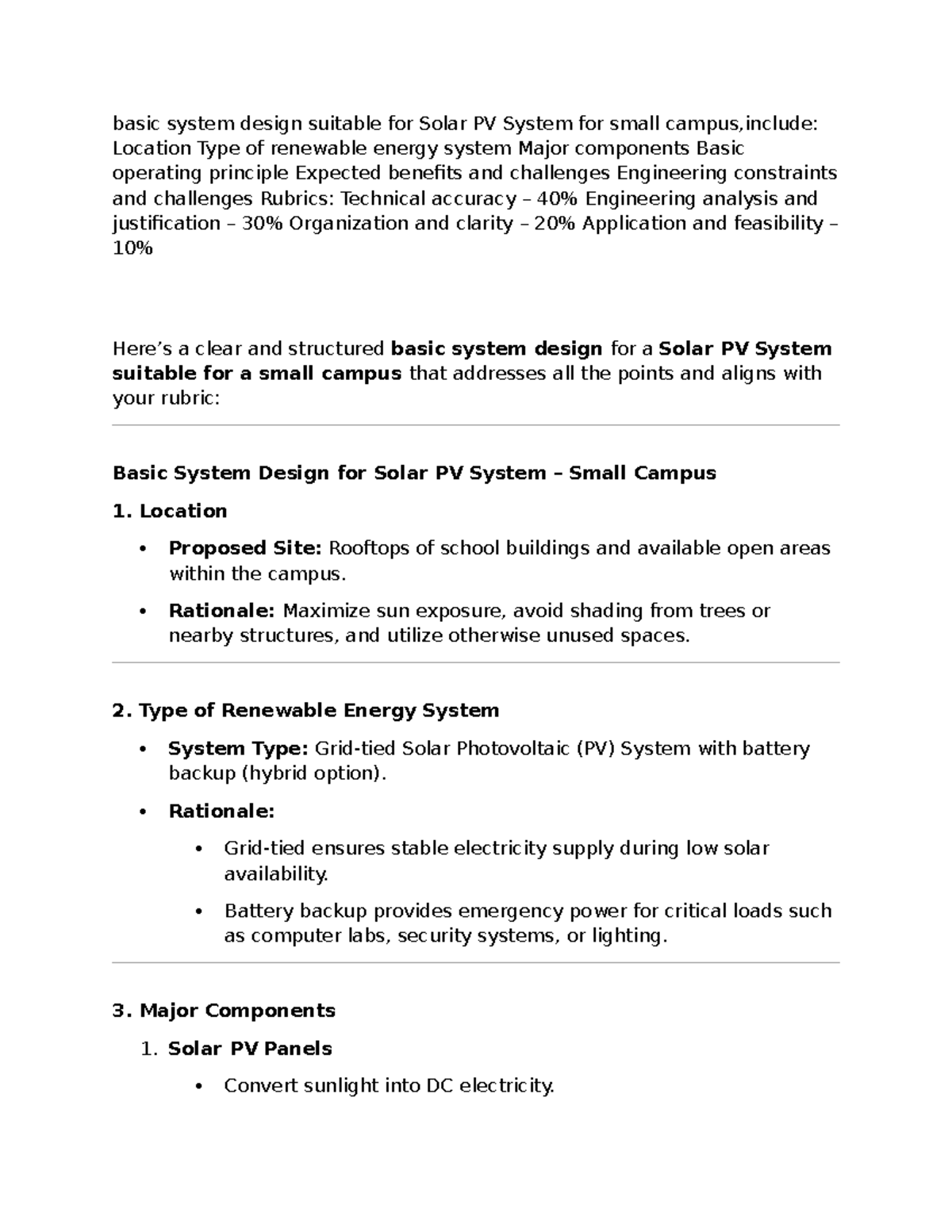 Basic System Design for Solar PV System (ENG 101) on Small Campus - Studocu