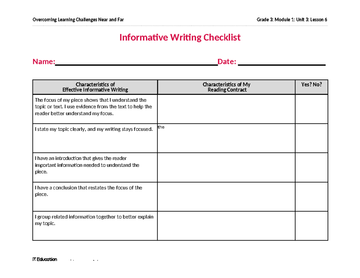 Grade 3 Language Arts: Informative Writing Checklist (Module 1, Unit 3 ...