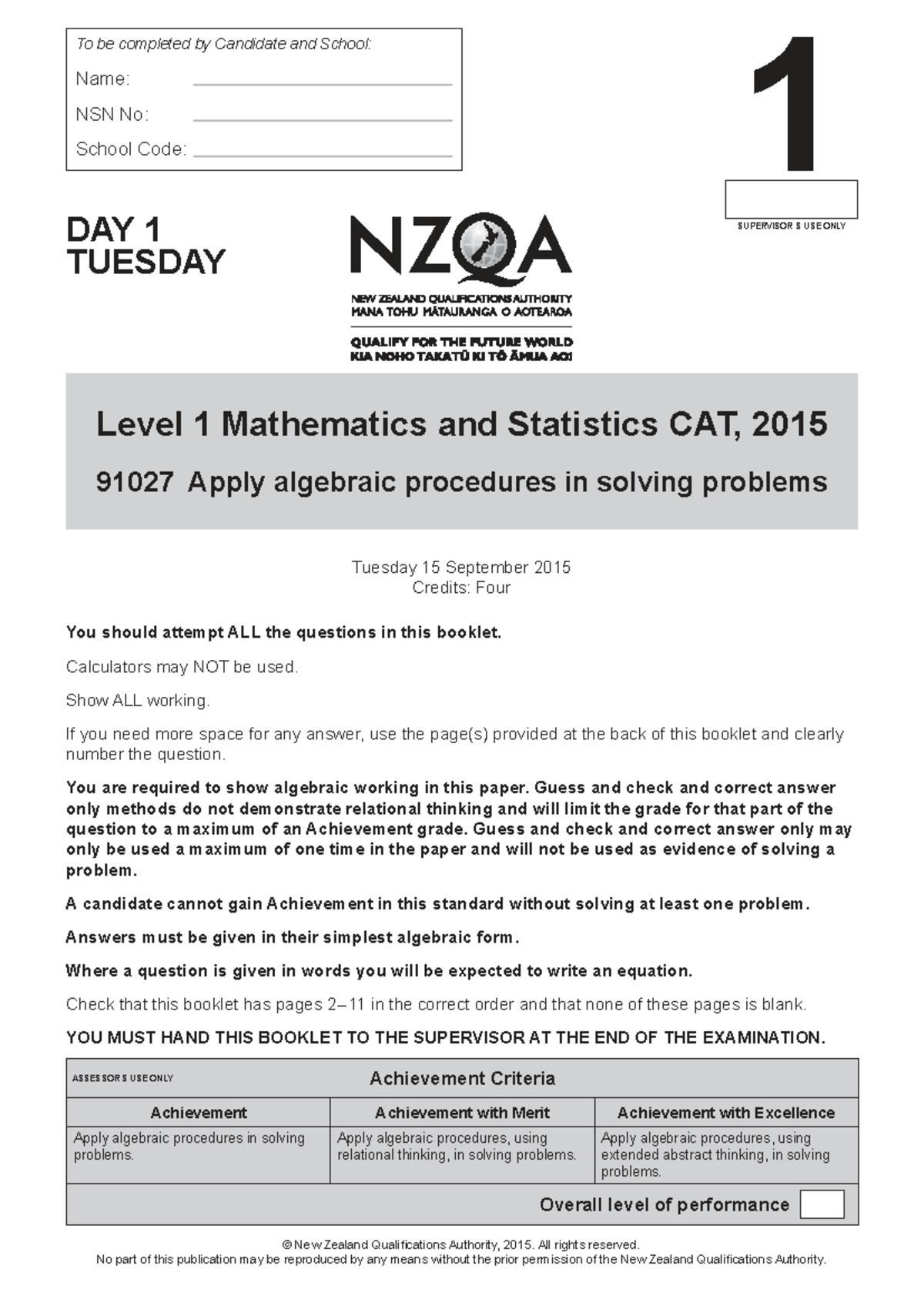 NCEA Level 1 Mathematics and Statistics CAT Practice Paper 91027 - Studocu