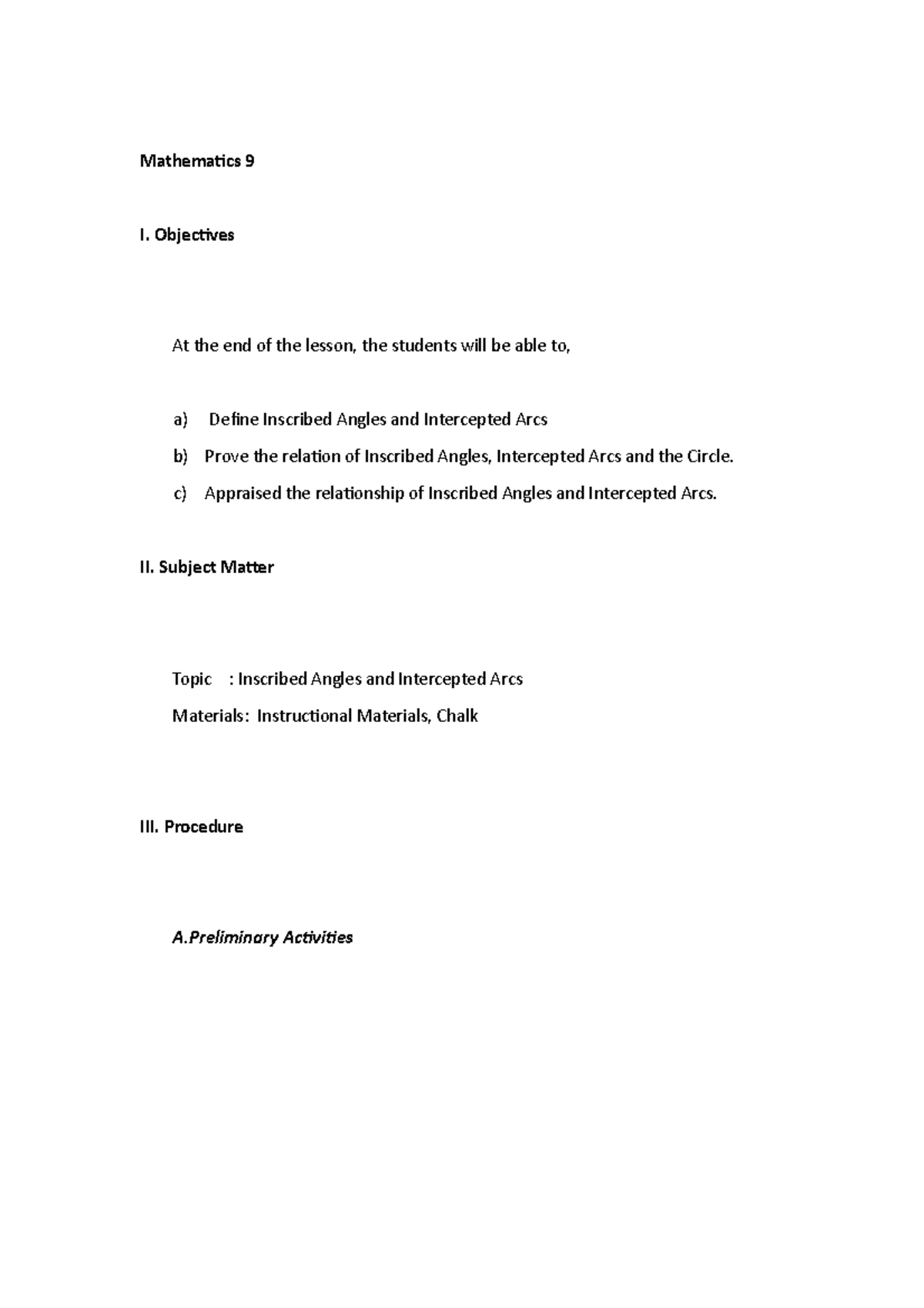 Mathematics 9 Lesson Plan: Inscribed Angles & Intercepted Arcs - Studocu