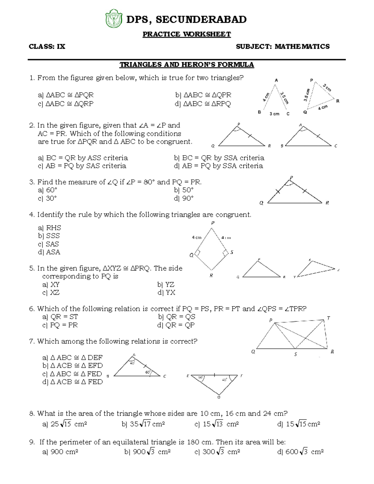 Class 9 - Mathematics Practice Worksheet on Triangles (Ch 7) - Studocu