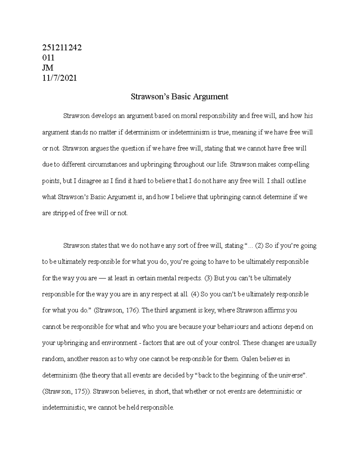 Philosophy Essay 2: Analyzing Strawson's Argument on Free Will - Studocu