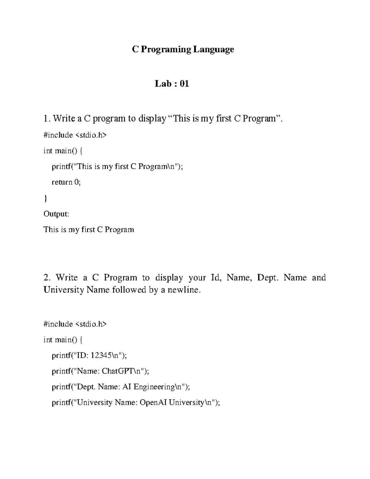 C Programming Language Lab Exercises - Basics and Functions - Studocu