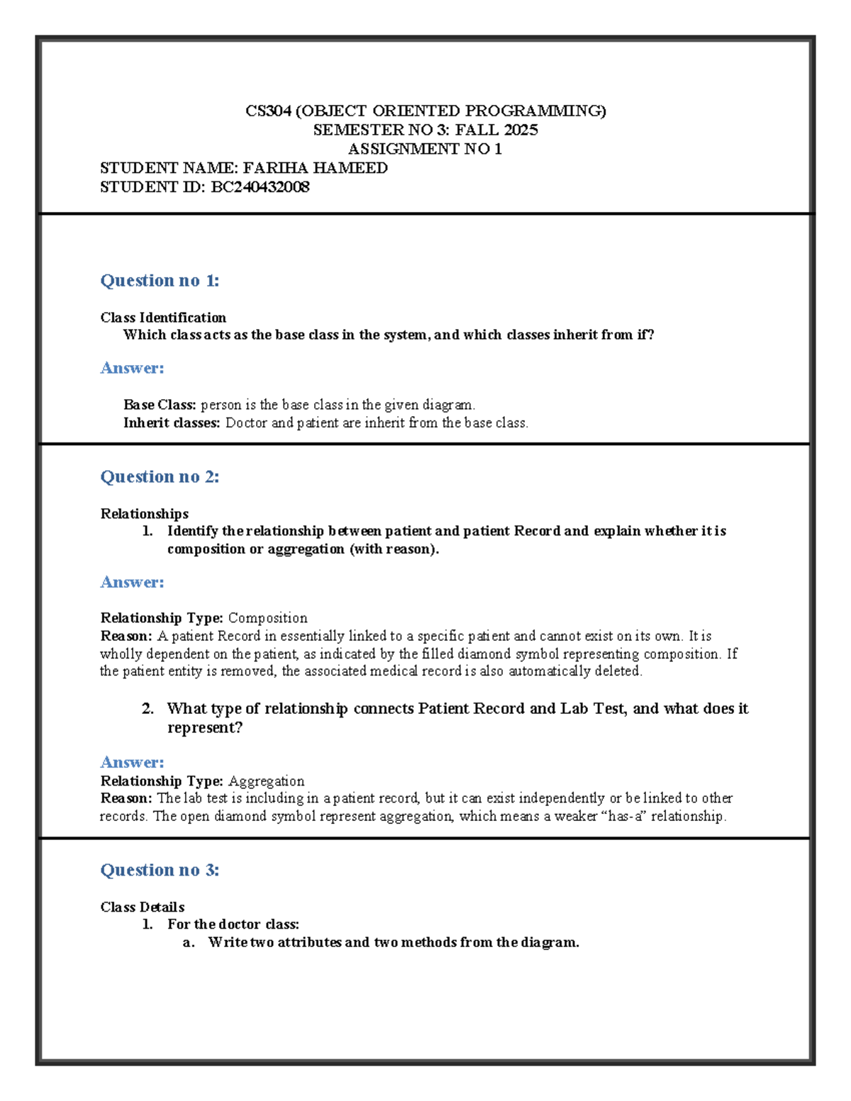 CS304 Fall 2025 Assignment 1: OOP Class Relationships & Methods - Studocu