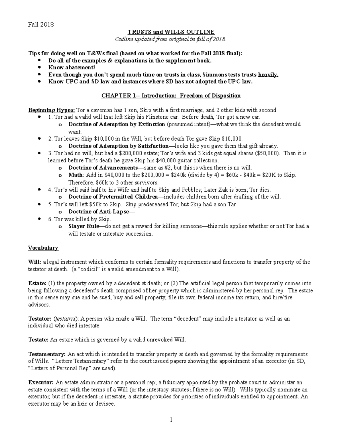 Trusts and Wills Outline - Study Guide for Final Exam Fall 2018 - Studocu