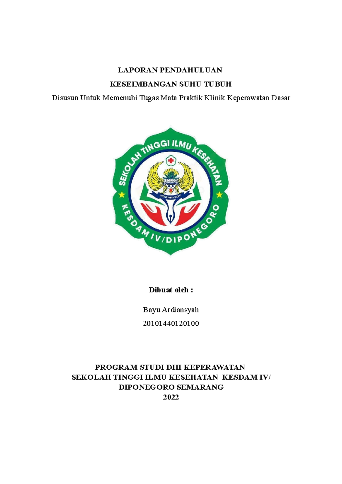 Laporan Pendahuluan: Keseimbangan Suhu Tubuh dalam Praktik Keperawatan DIII - Document Preview