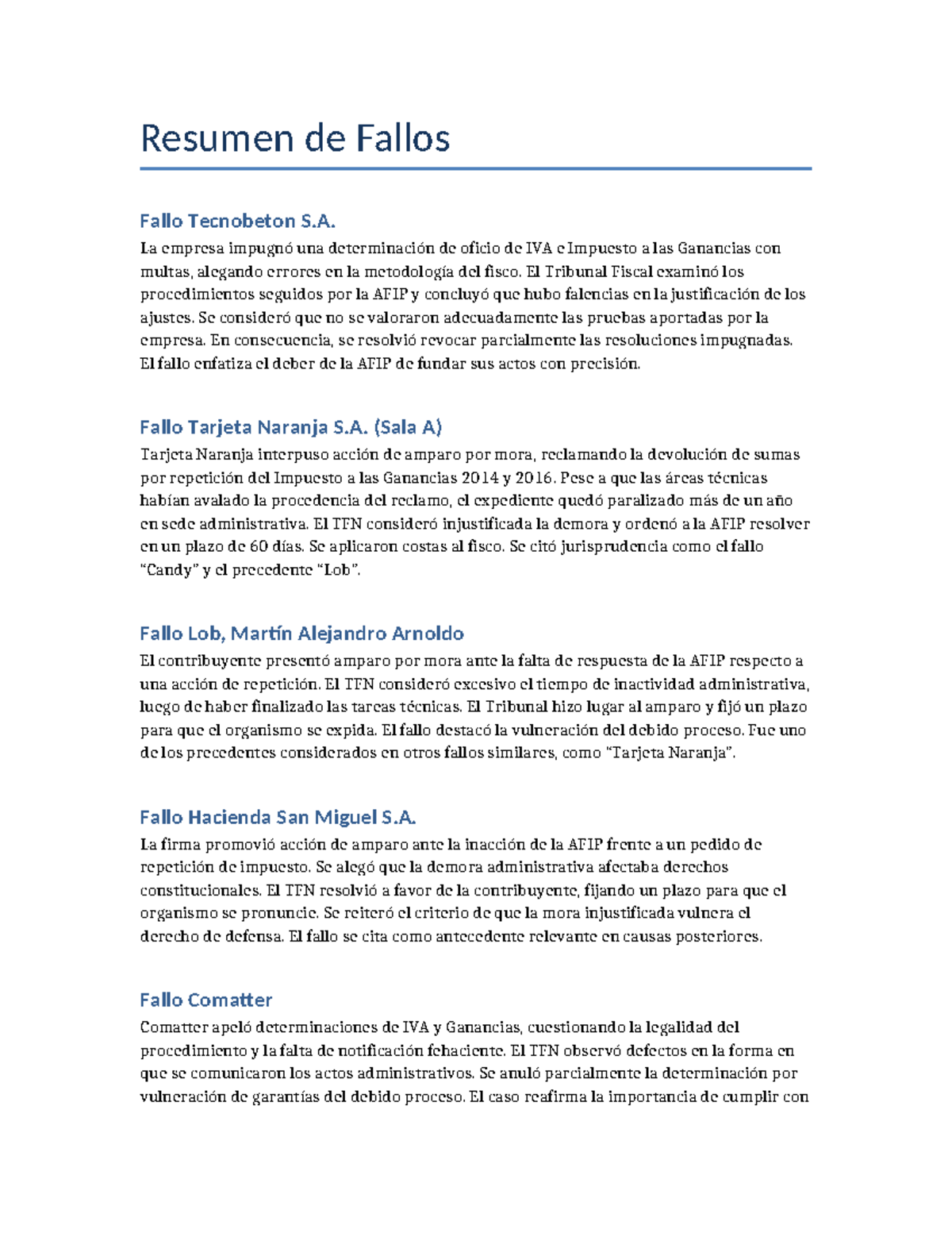 Resumen de Fallos Fiscales: Análisis de Jurisprudencia Clave - Studocu