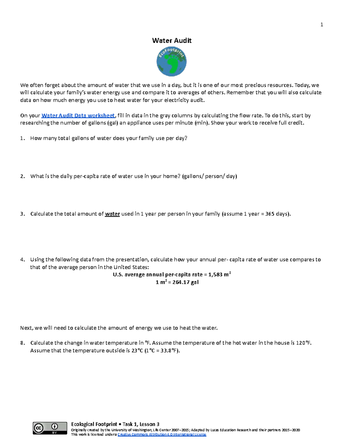 Water Audit Calculation Sheet: Analyzing Daily Water Use - Studocu