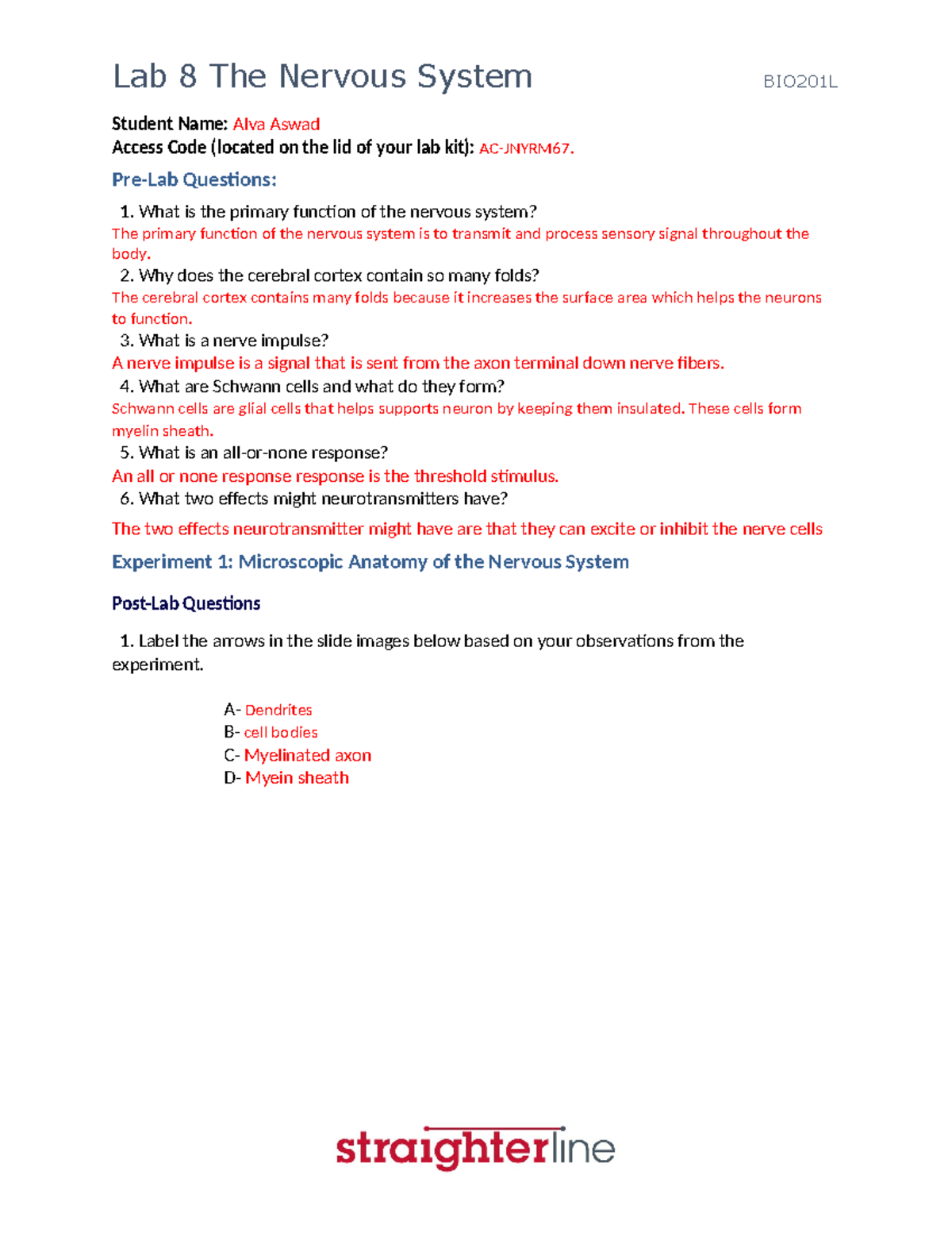 BIO201L Lab 8: Nervous System Experiments and Post-Lab Questions - Studocu