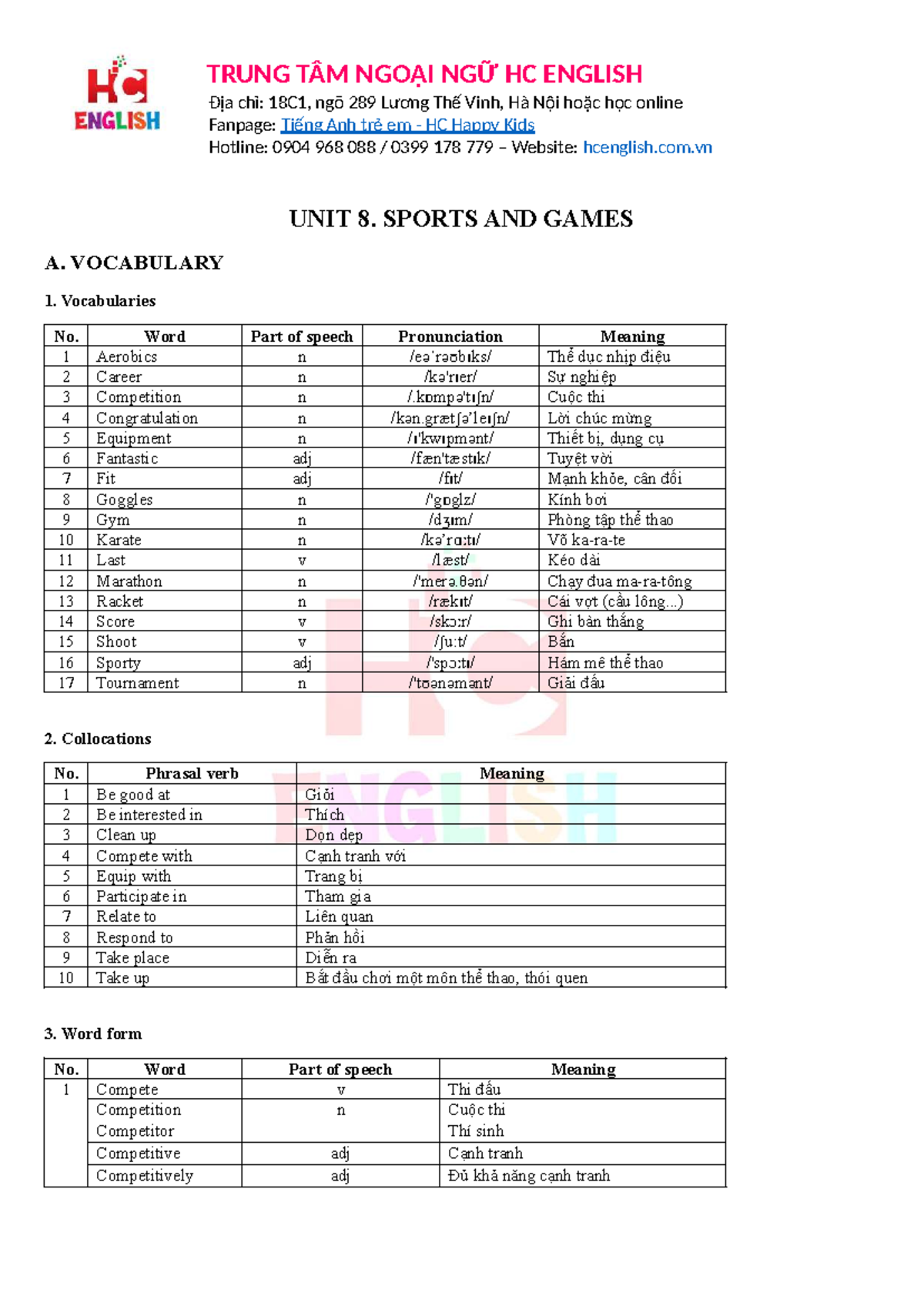 UNIT 8: SPORTS AND GAMES - VOCABULARY & PRACTICE - Studocu