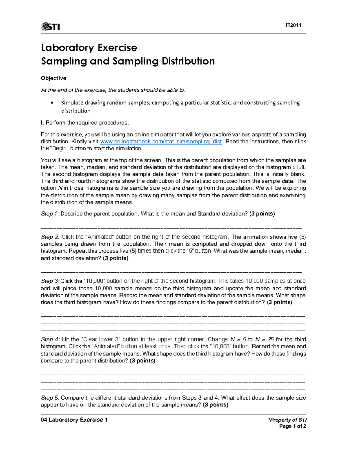 Sampling Distribution Lab Exercise - IT 04 Statistics Analysis - Studocu