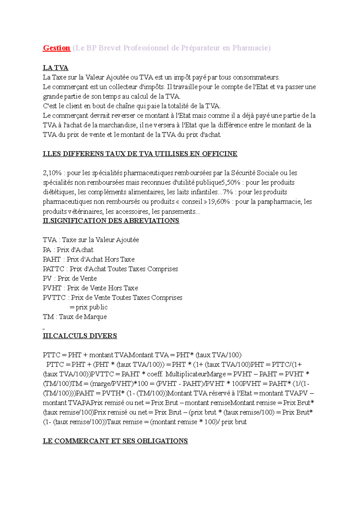 Gestion - BP Prparateur en Pharmacie : Notions et Calculs de TVA - Studocu