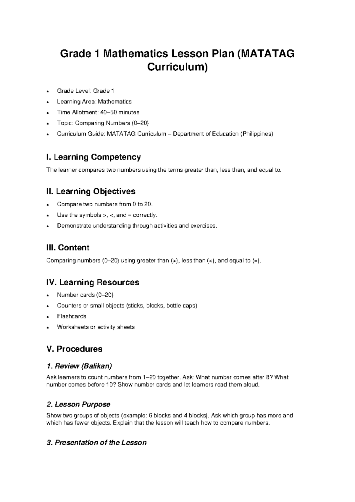Grade 1 Mathematics Lesson Plan: Comparing Numbers (MATATAG) - Studocu