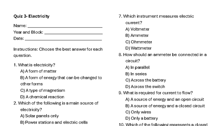 Quiz 3: Understanding Electricity Concepts and Principles - Studocu