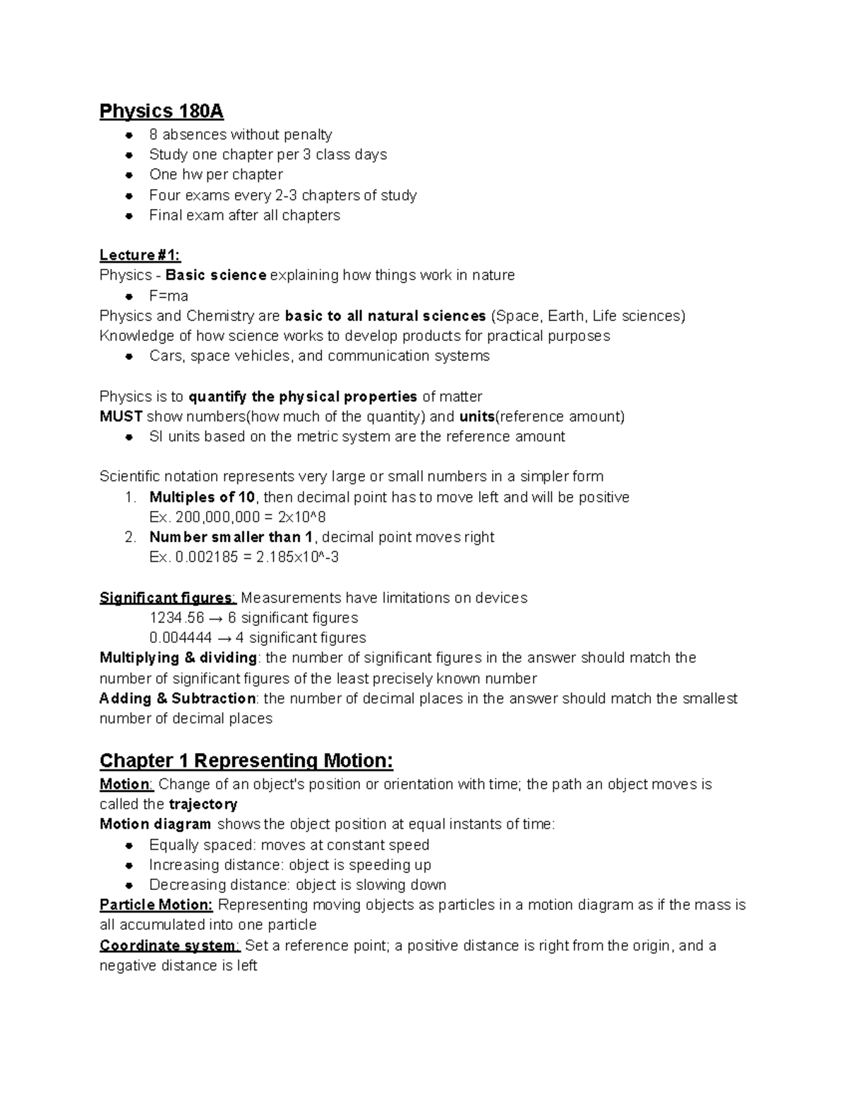Physics 180A: Lecture Notes on Motion & Measurement Concepts - Studocu