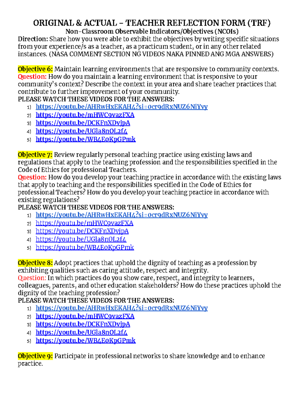 Teacher Reflection Form (TRF) Objectives 6-9: NCOIs & Actual Practices ...
