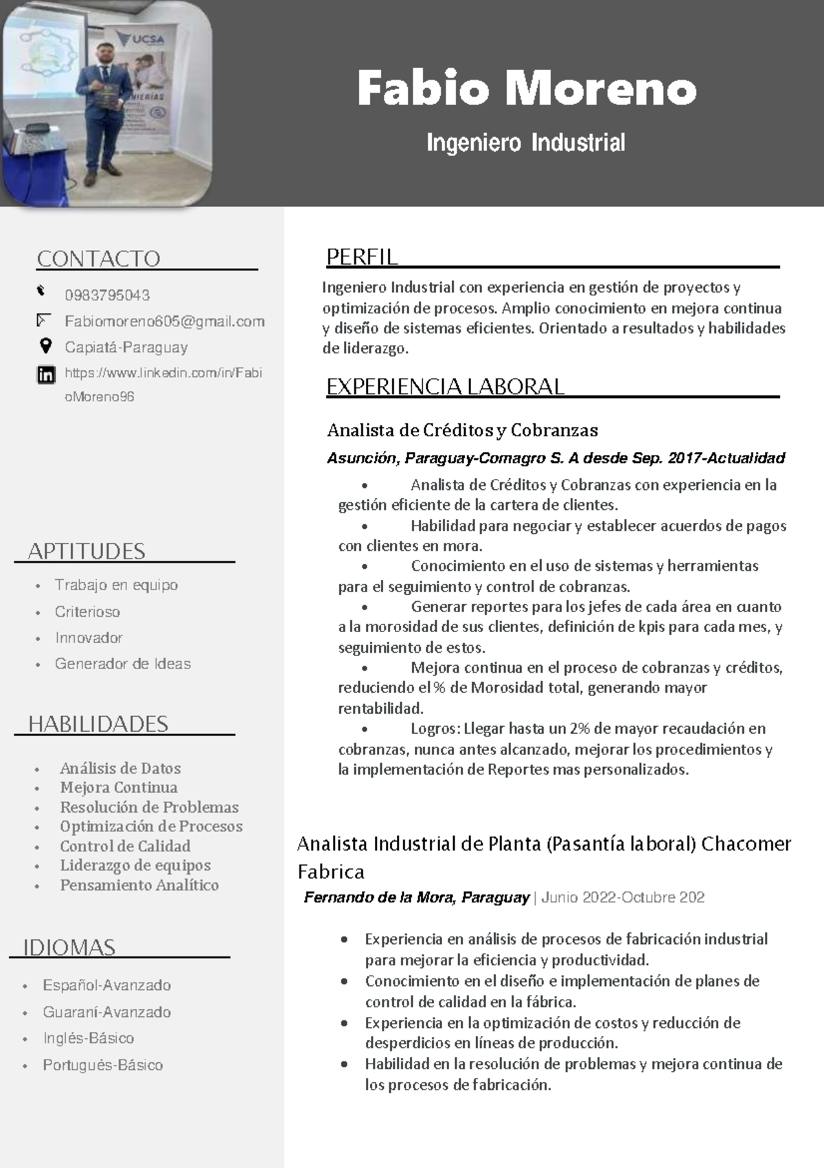 Currículum Vitae de Ingeniero Industrial Fabio Moreno - Studocu, image size:1200x1700