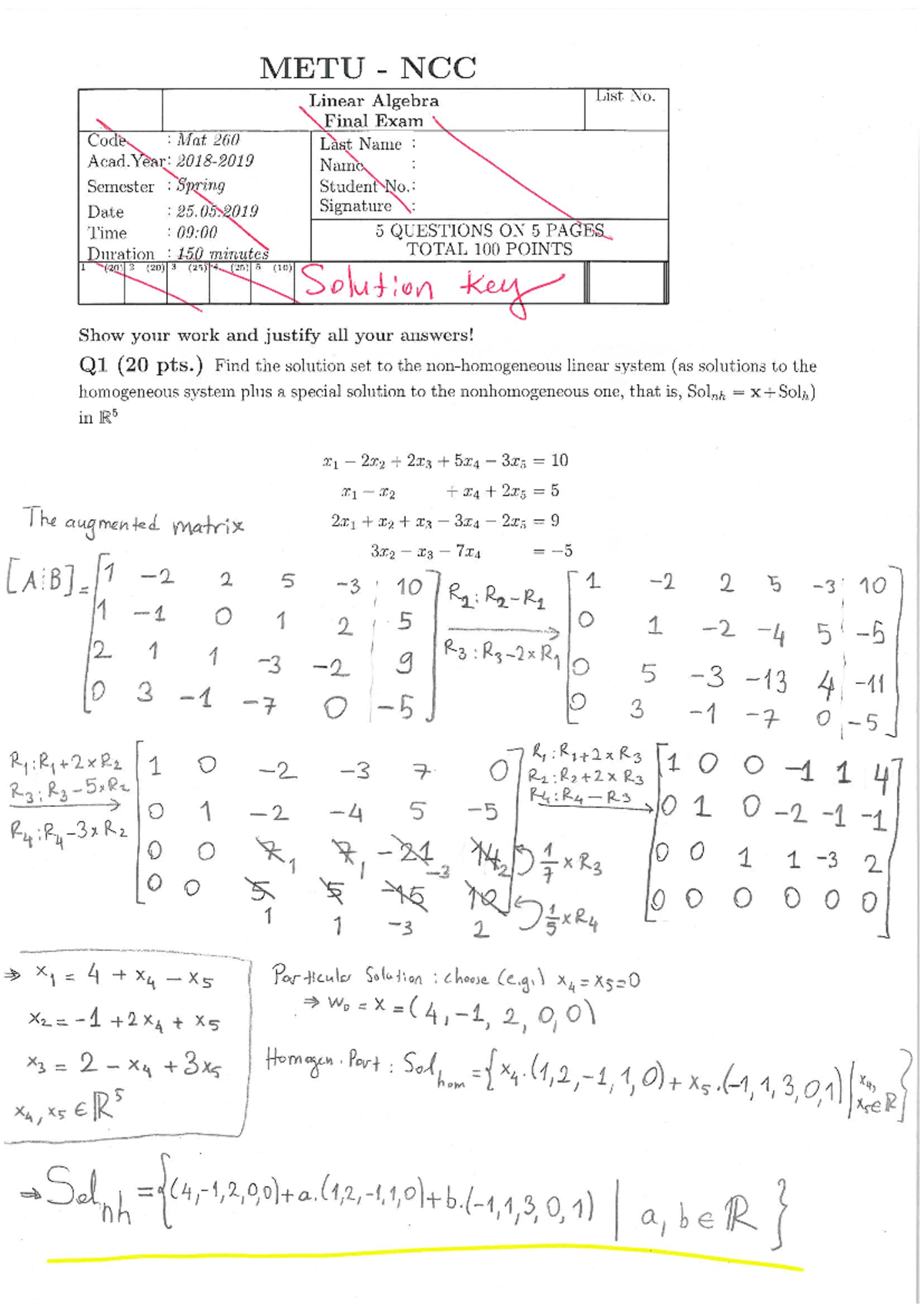 METU NCC MAT 260 Final Exam: Linear Algebra Solutions & Analysis - Studocu