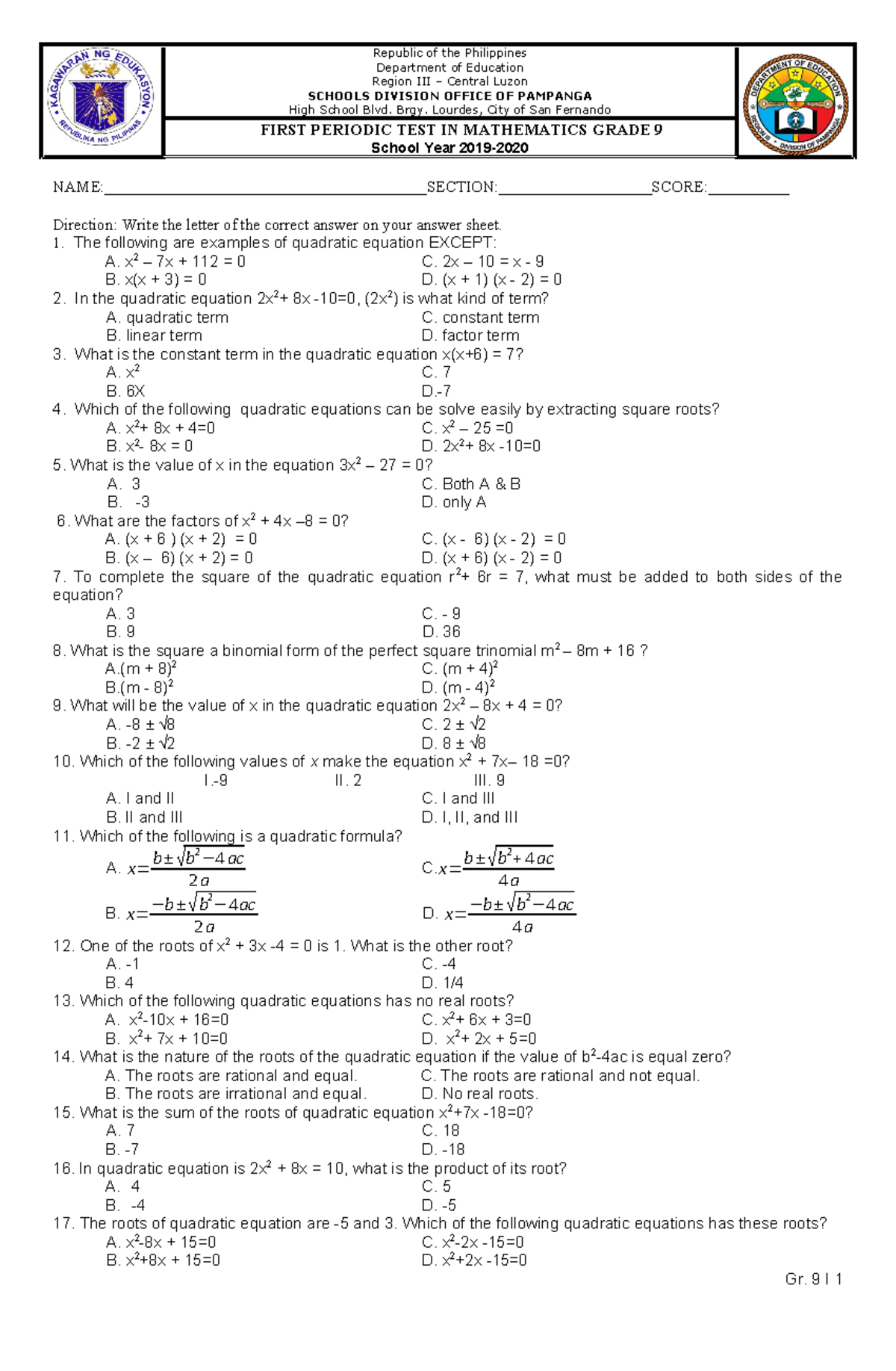 Grade 9 MATH FIRST Periodic TEST Review SY 2019-2020 - Studocu