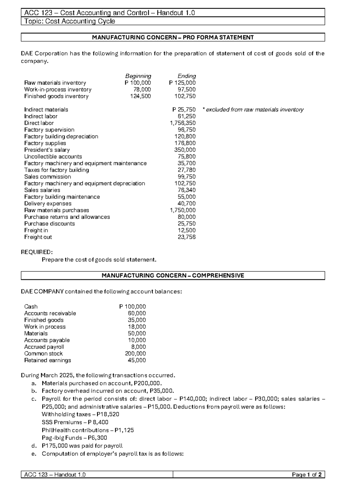 ACC 123 Cost Accounting Cycle: Pro Forma Statement & COGS Prep - Studocu