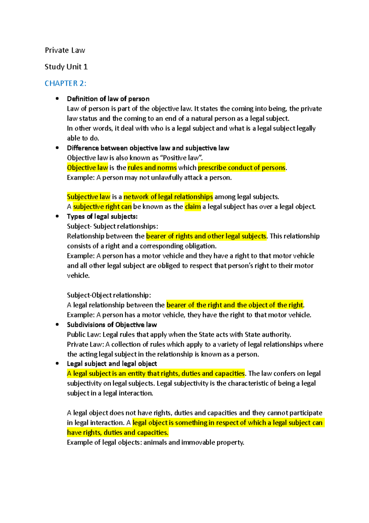 Private Law A2 notes 2019 - Private Law Study Unit 1 CHAPTER 2 ...