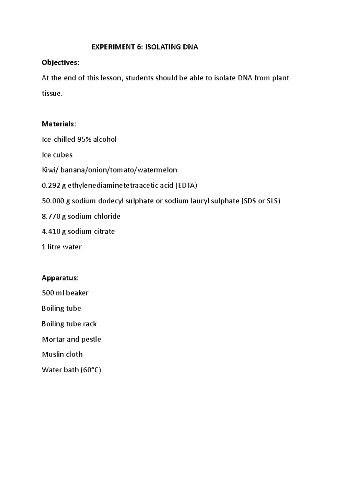 Lab Report 6: Isolating DNA from Plant Tissue in Biology SB015 - Studocu