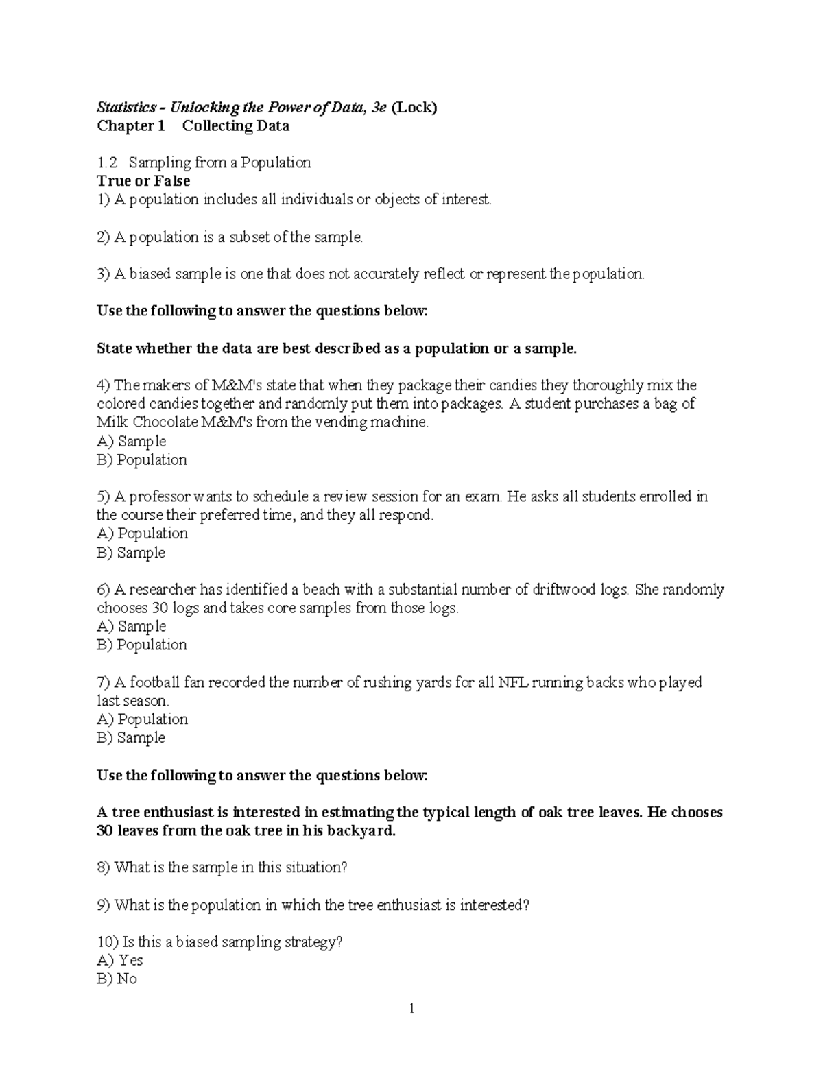 Statistics 1.2 Worksheet: Sampling from a Population Concepts - Studocu