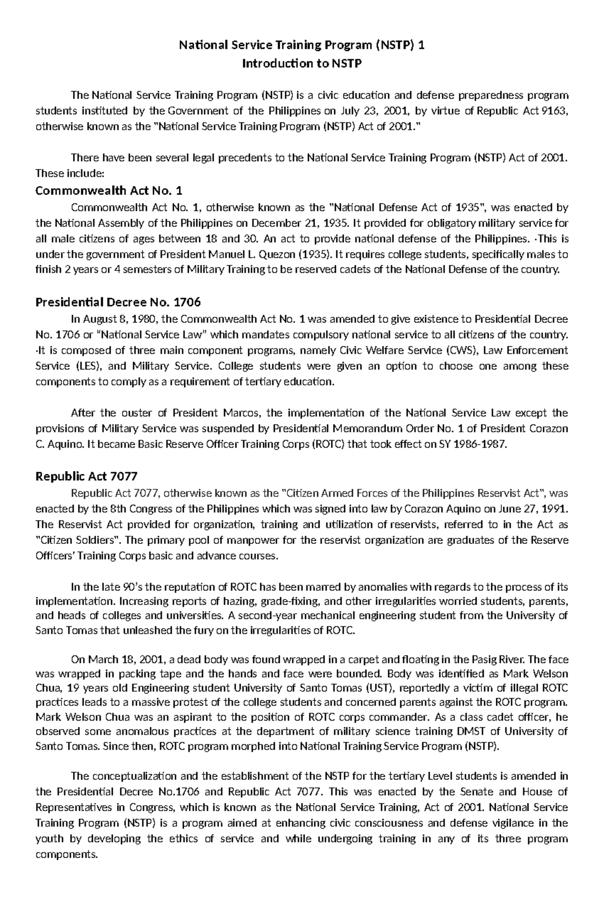 NSTP AND OTHERS - National Service Training Program (NSTP) 1 ...