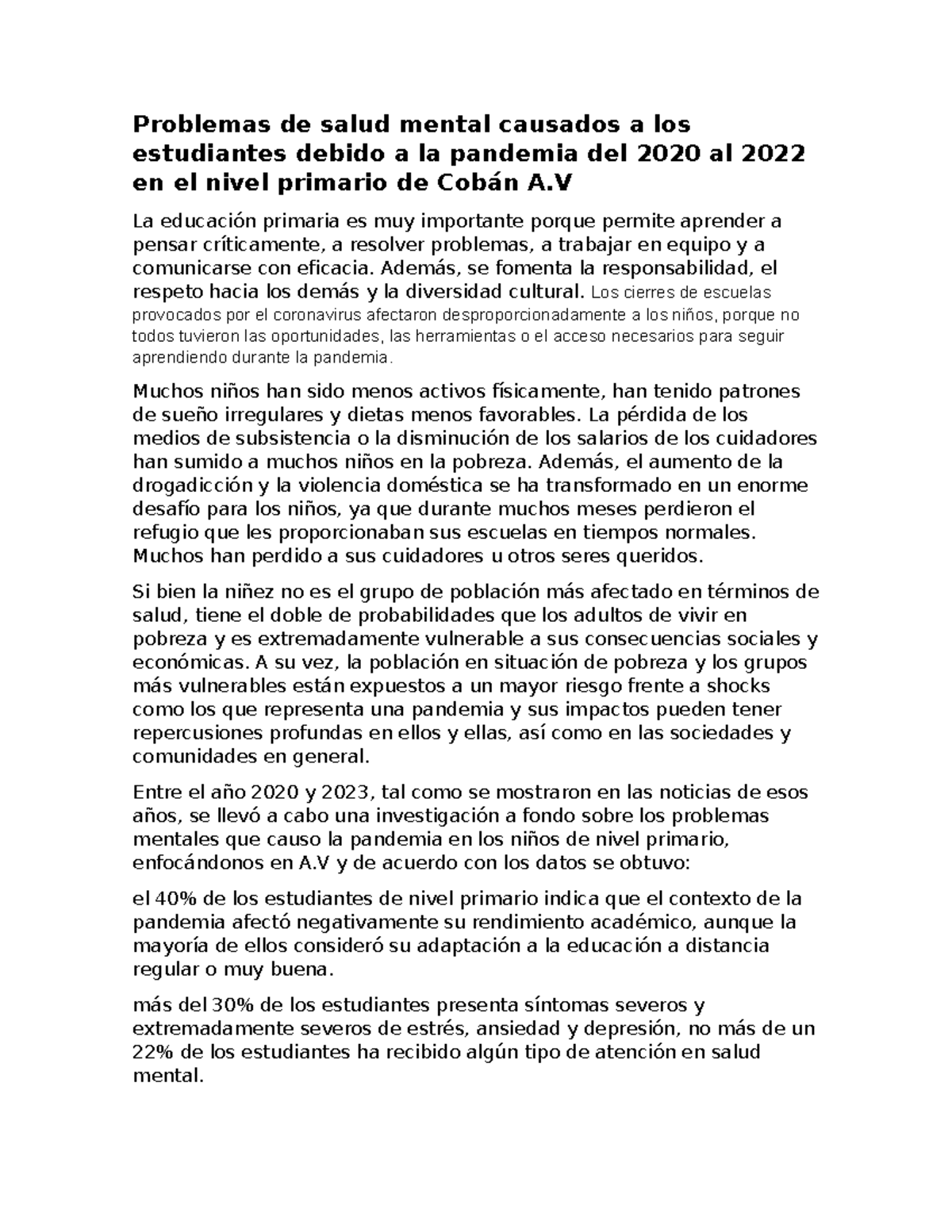 Impacto de la Pandemia en Salud Mental Estudiantes Primarios 2020-2022 ...