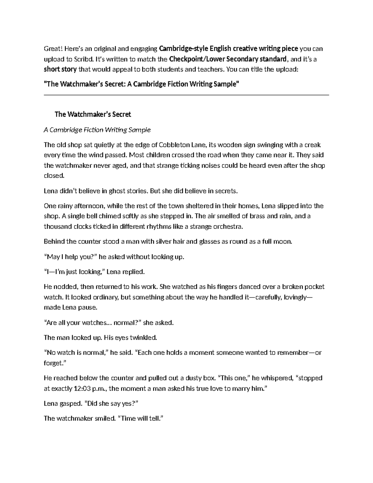Cambridge Fiction Writing Sample: The Secret of Cobbleton Lane - Studocu