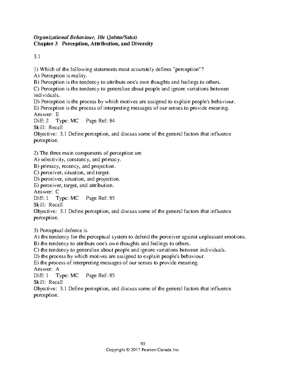 Organizational Behaviour 10e: Chapter 3 Perception Test Bank - Studocu