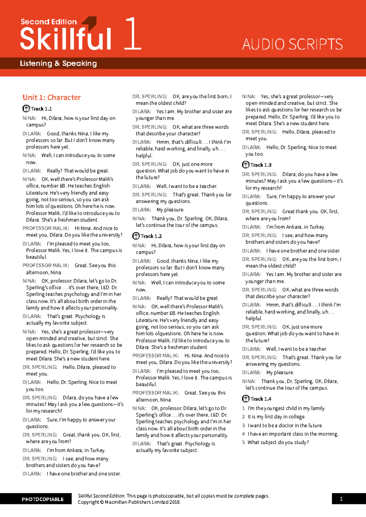 Sk2e Listening and Speaking Level 1: Audio Scripts for Unit 1 - Studocu